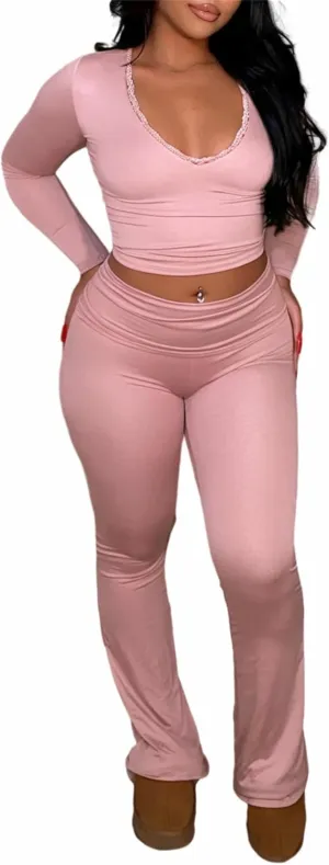 Women's 2 Piece Lounge Sets Fold Over Flare Yoga Pants Set Long Sleeve Cropped Top Casual Y2K Outfits Pajamas
