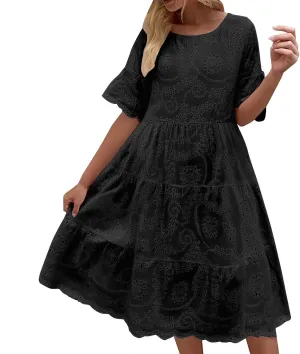 Womens 2025 Summer Short Dress Crewneck Short Sleeve Party Dresses a Line Hollow Out Lace Ruffle Cute Casual Dress
