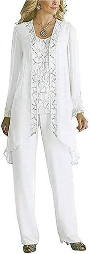 Women's 3 PC Chiffon Mother's Outfit Pants Suits for Wedding Plus Size Evening Gowns Dress Suit