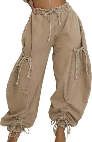 Women's Baggy Jeans Wide Leg Denim Pants Drawstring Bow Tie Joggers Trousers with Pockets Sweatpants
