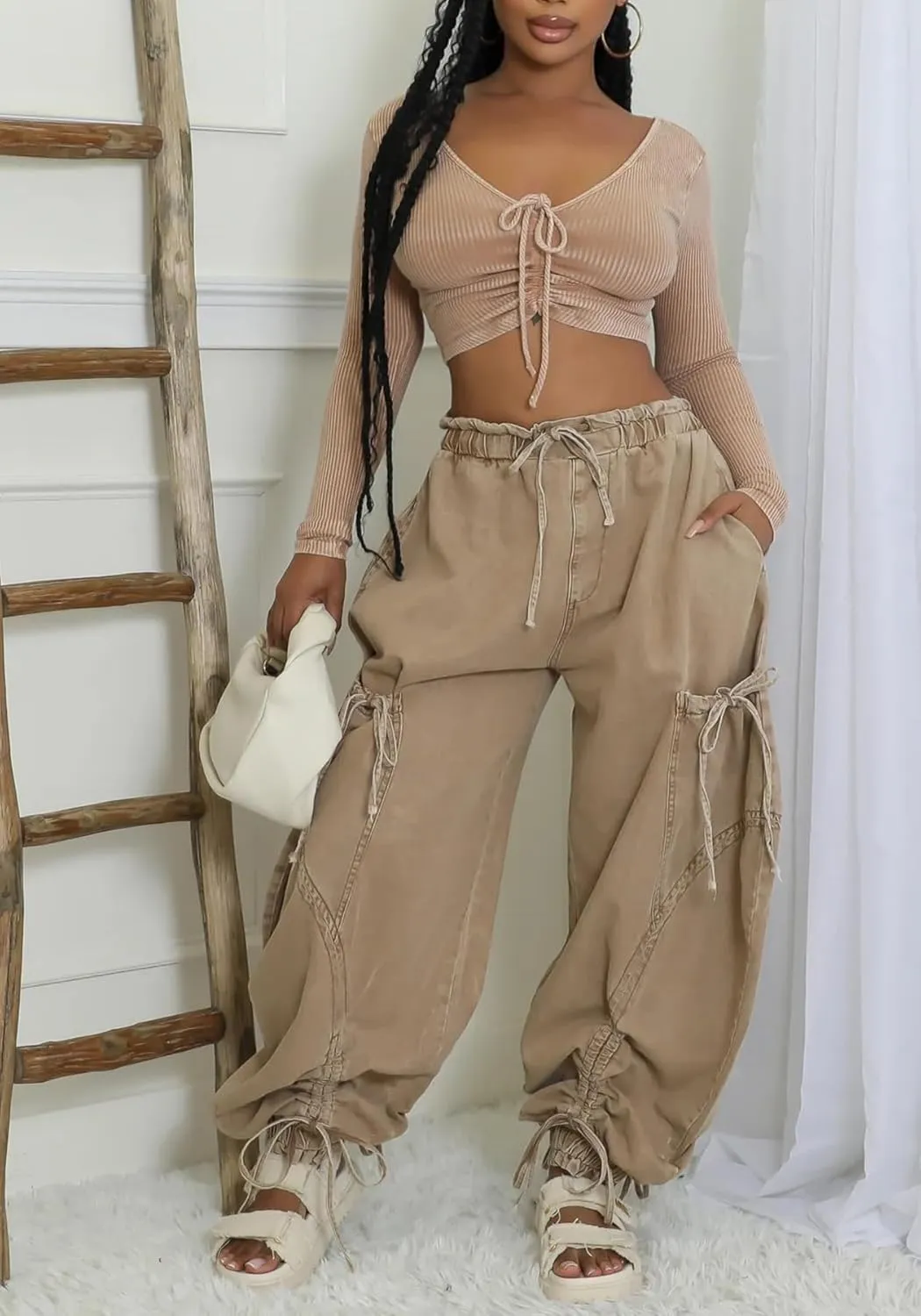 Women's Baggy Jeans Wide Leg Denim Pants Drawstring Bow Tie Joggers Trousers with Pockets Sweatpants