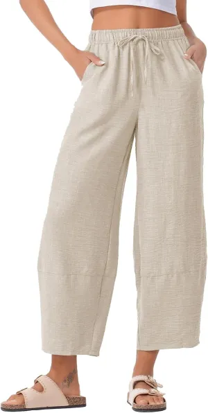 Womens Baggy Wide Leg Pants Casual Drawstring Elastic Waist Linen Carpi Pants Summer 2025 Harem Trousers with Pockets