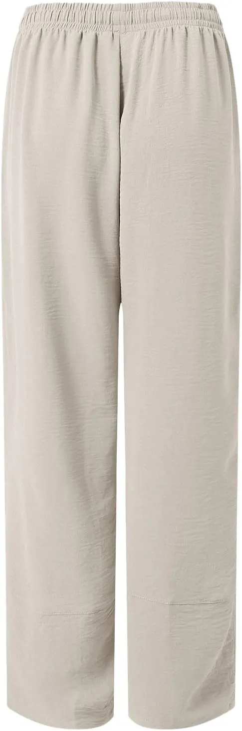 Womens Baggy Wide Leg Pants Casual Drawstring Elastic Waist Linen Carpi Pants Summer 2025 Harem Trousers with Pockets