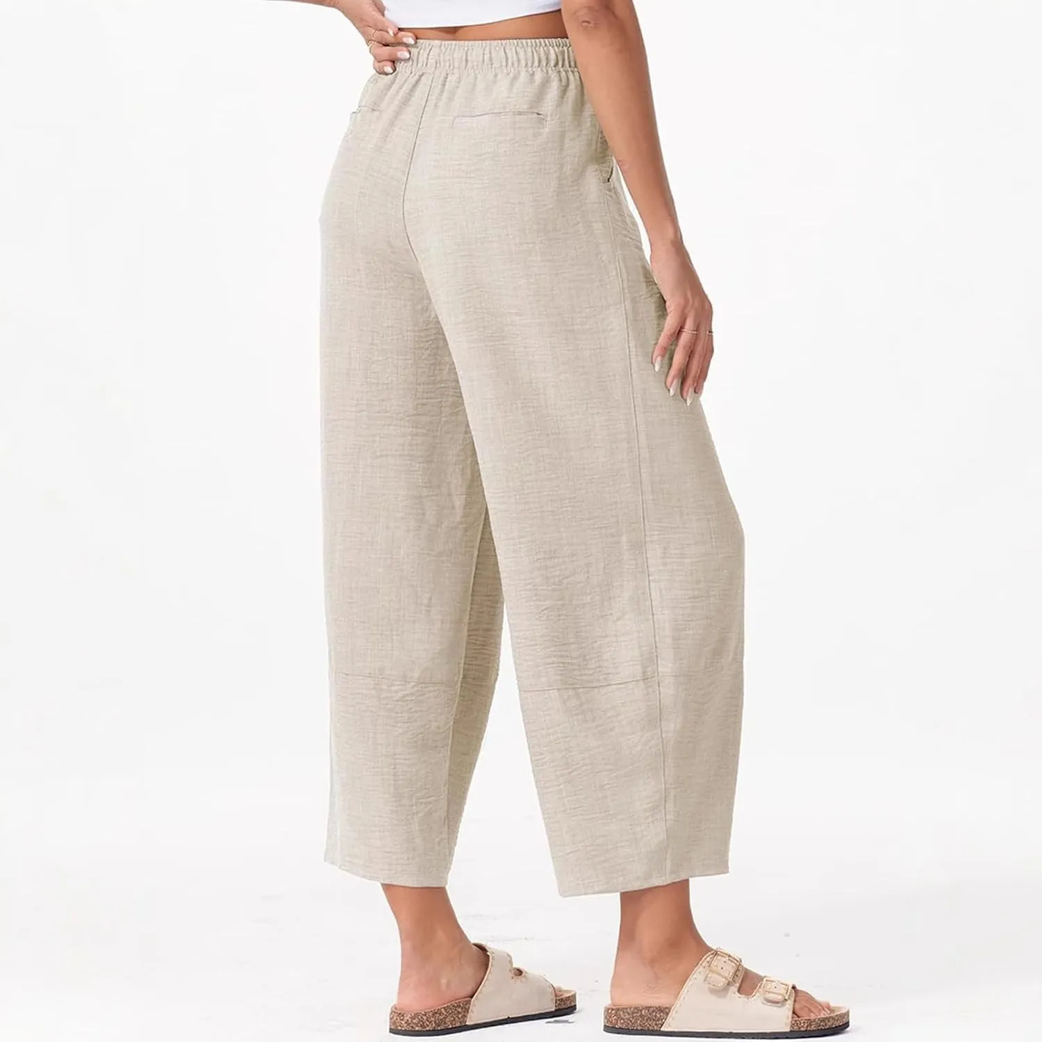 Womens Baggy Wide Leg Pants Casual Drawstring Elastic Waist Linen Carpi Pants Summer 2025 Harem Trousers with Pockets