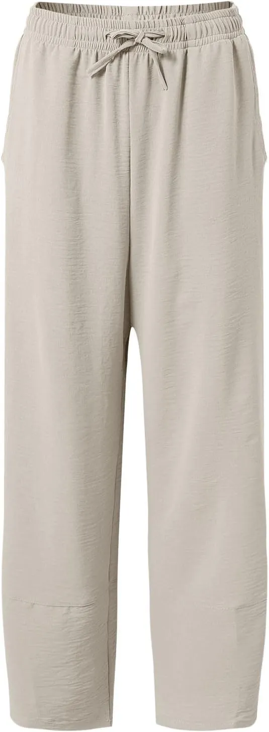 Womens Baggy Wide Leg Pants Casual Drawstring Elastic Waist Linen Carpi Pants Summer 2025 Harem Trousers with Pockets