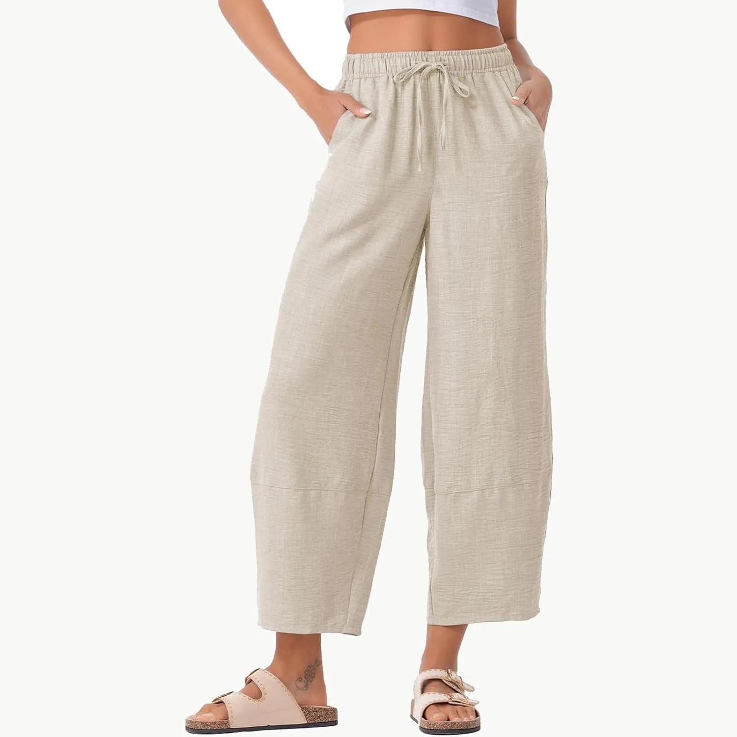 Womens Baggy Wide Leg Pants Casual Drawstring Elastic Waist Linen Carpi Pants Summer 2025 Harem Trousers with Pockets