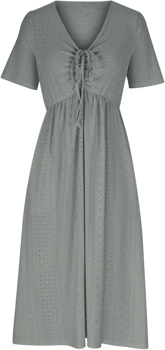 Womens Boho Midi Dress Short Sleeve Lace Up V Neck Eyelet Dresses Summer Beach Casual Cover Up Sundress with Pockets