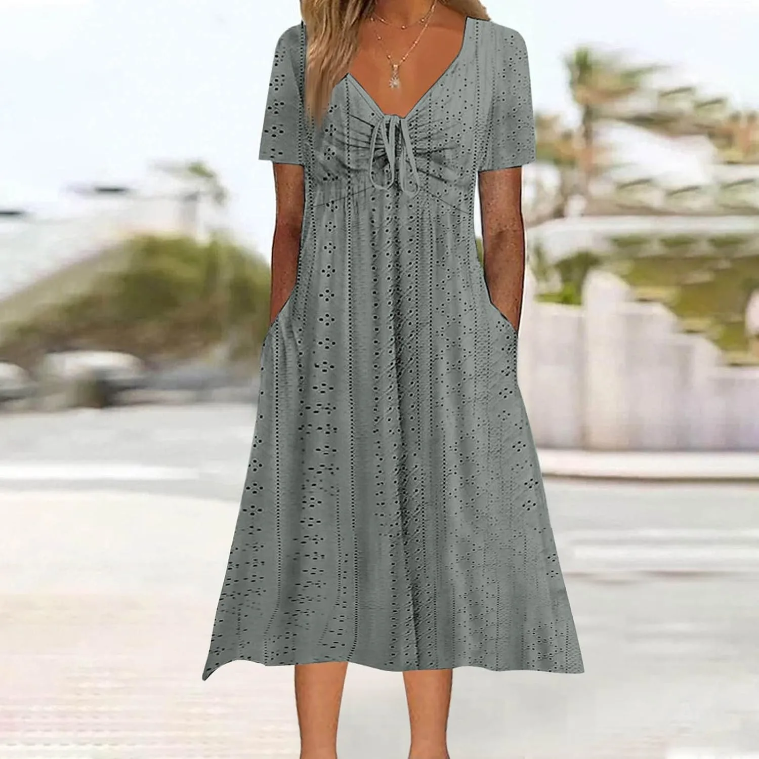 Womens Boho Midi Dress Short Sleeve Lace Up V Neck Eyelet Dresses Summer Beach Casual Cover Up Sundress with Pockets
