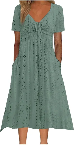 Womens Boho Midi Dress Short Sleeve Lace Up V Neck Eyelet Dresses Summer Beach Casual Cover Up Sundress with Pockets