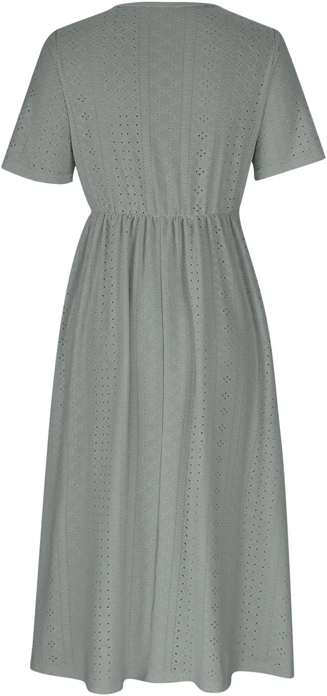 Womens Boho Midi Dress Short Sleeve Lace Up V Neck Eyelet Dresses Summer Beach Casual Cover Up Sundress with Pockets