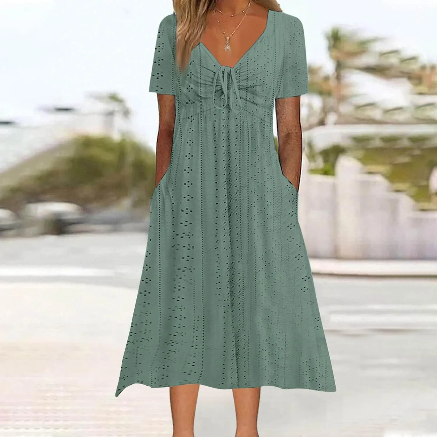 Womens Boho Midi Dress Short Sleeve Lace Up V Neck Eyelet Dresses Summer Beach Casual Cover Up Sundress with Pockets