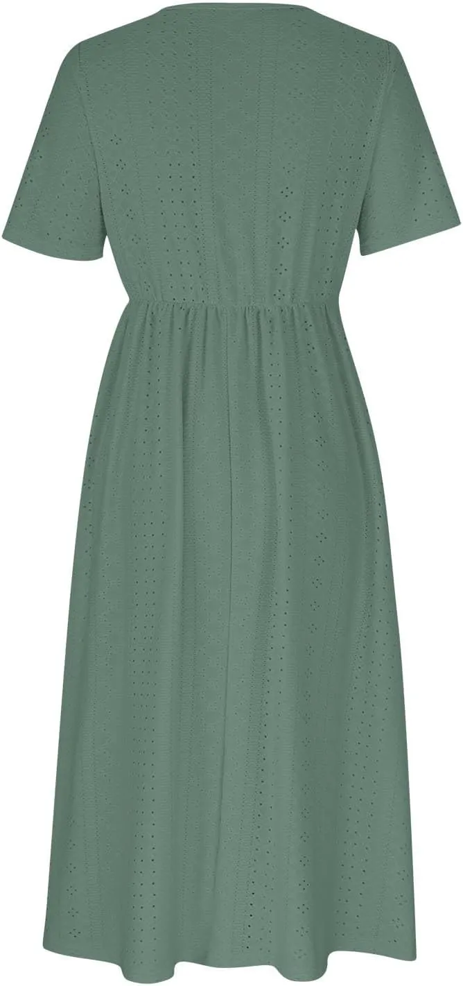 Womens Boho Midi Dress Short Sleeve Lace Up V Neck Eyelet Dresses Summer Beach Casual Cover Up Sundress with Pockets