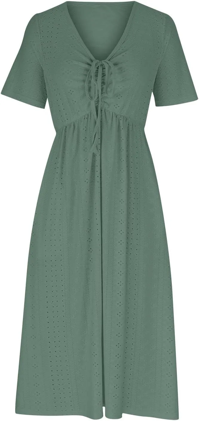 Womens Boho Midi Dress Short Sleeve Lace Up V Neck Eyelet Dresses Summer Beach Casual Cover Up Sundress with Pockets