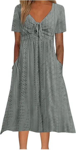 Womens Boho Midi Dress Short Sleeve Lace Up V Neck Eyelet Dresses Summer Beach Casual Cover Up Sundress with Pockets