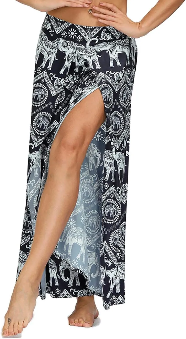 Women's Boho Palazzo Slit Wide Leg Yoga Pants Summer Beach Bohemian Hippie Pants