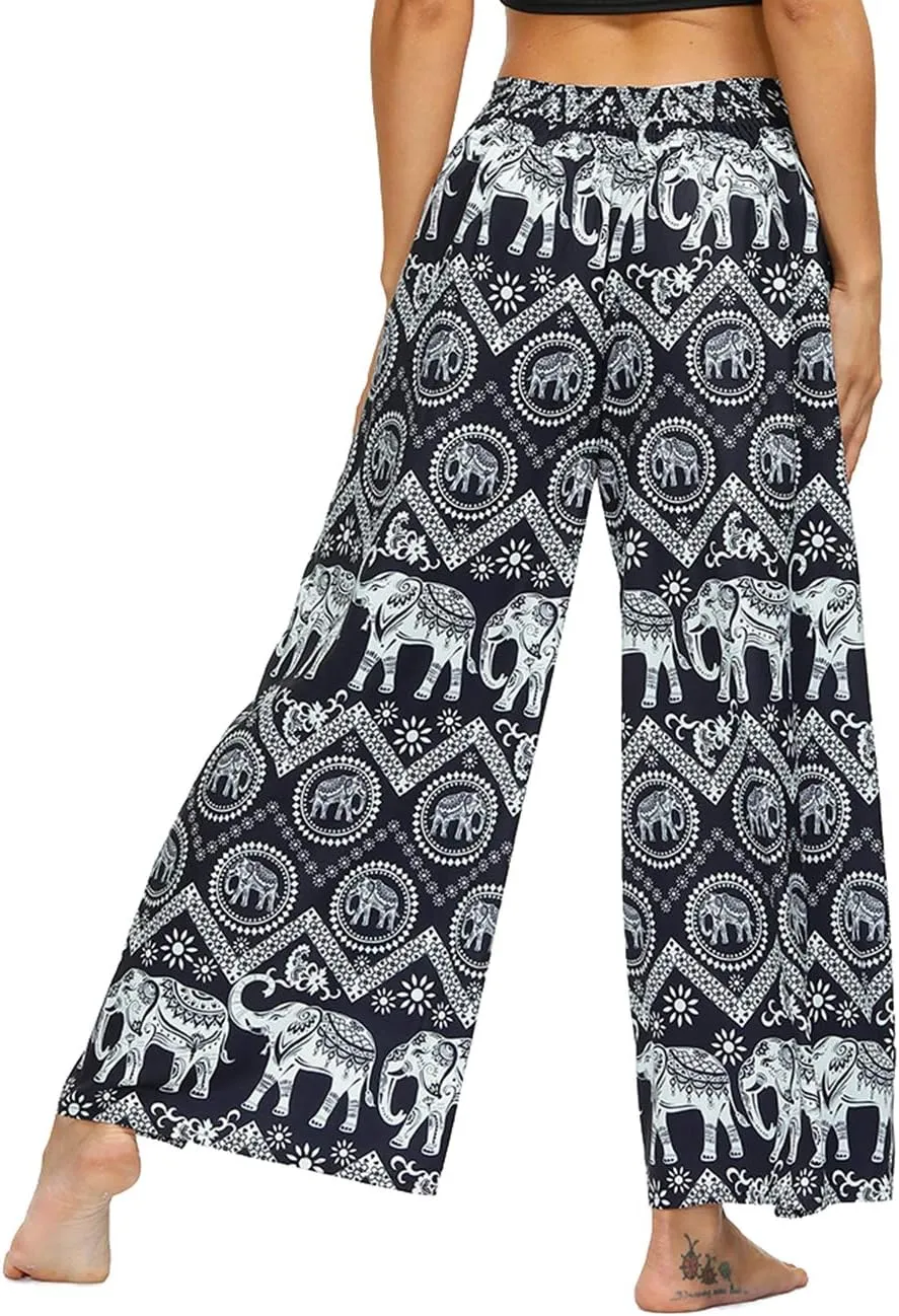 Women's Boho Palazzo Slit Wide Leg Yoga Pants Summer Beach Bohemian Hippie Pants