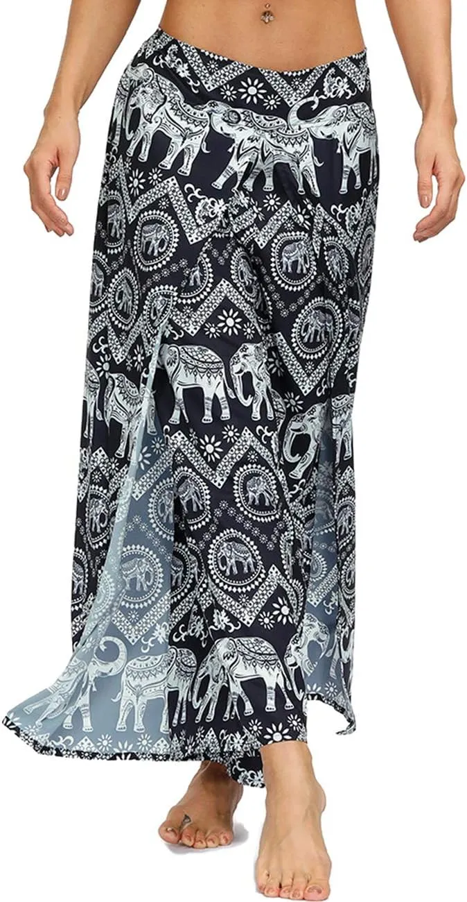 Women's Boho Palazzo Slit Wide Leg Yoga Pants Summer Beach Bohemian Hippie Pants