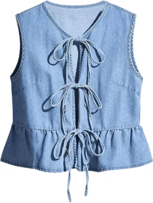 Women's Bow Tie Front Denim Vest Jacket Ruffle Hem Jean Vest Sleeveless Peplum Tank Tops Streetwear