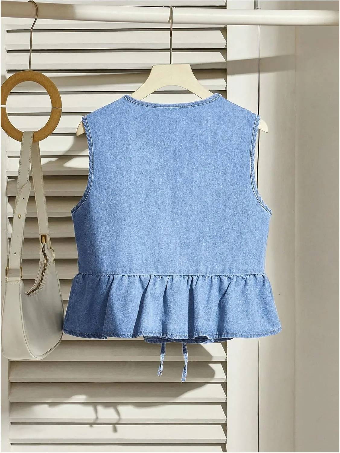 Women's Bow Tie Front Denim Vest Jacket Ruffle Hem Jean Vest Sleeveless Peplum Tank Tops Streetwear