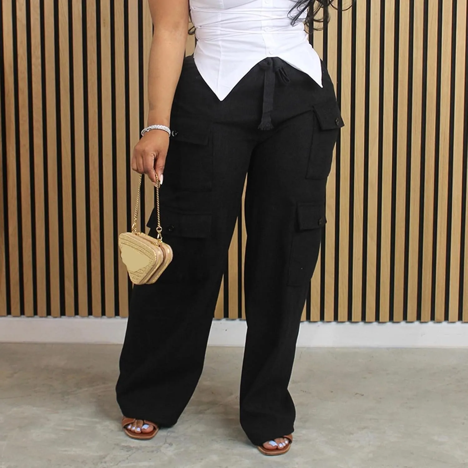 Women's Casual Corduroy Pants 2024 Wide Leg High Waisted Baggy Cargo with Pockets Streetwear Trouser