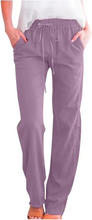 Womens Casual Cotton Linen Pants Lightweight Elastic Waist Pant Summer Fall Lounge Plain Drawstring Trousers, Large