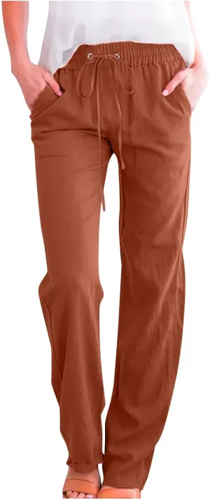 Womens Casual Cotton Linen Pants Lightweight Elastic Waist Pant Summer Fall Lounge Plain Drawstring Trousers, Large