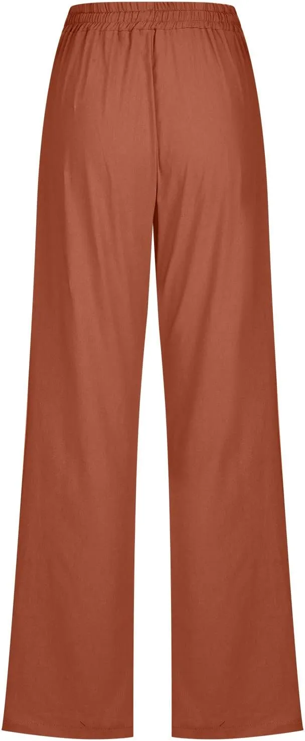 Womens Casual Cotton Linen Pants Lightweight Elastic Waist Pant Summer Fall Lounge Plain Drawstring Trousers, Large