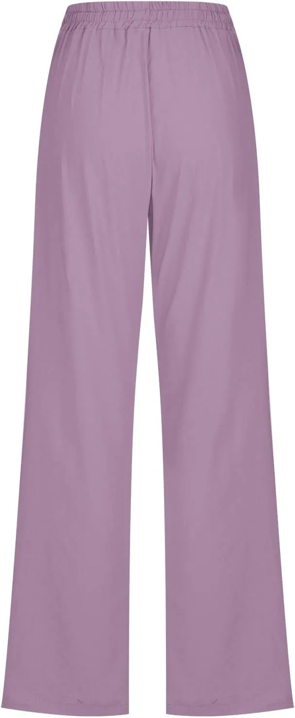 Womens Casual Cotton Linen Pants Lightweight Elastic Waist Pant Summer Fall Lounge Plain Drawstring Trousers, Large
