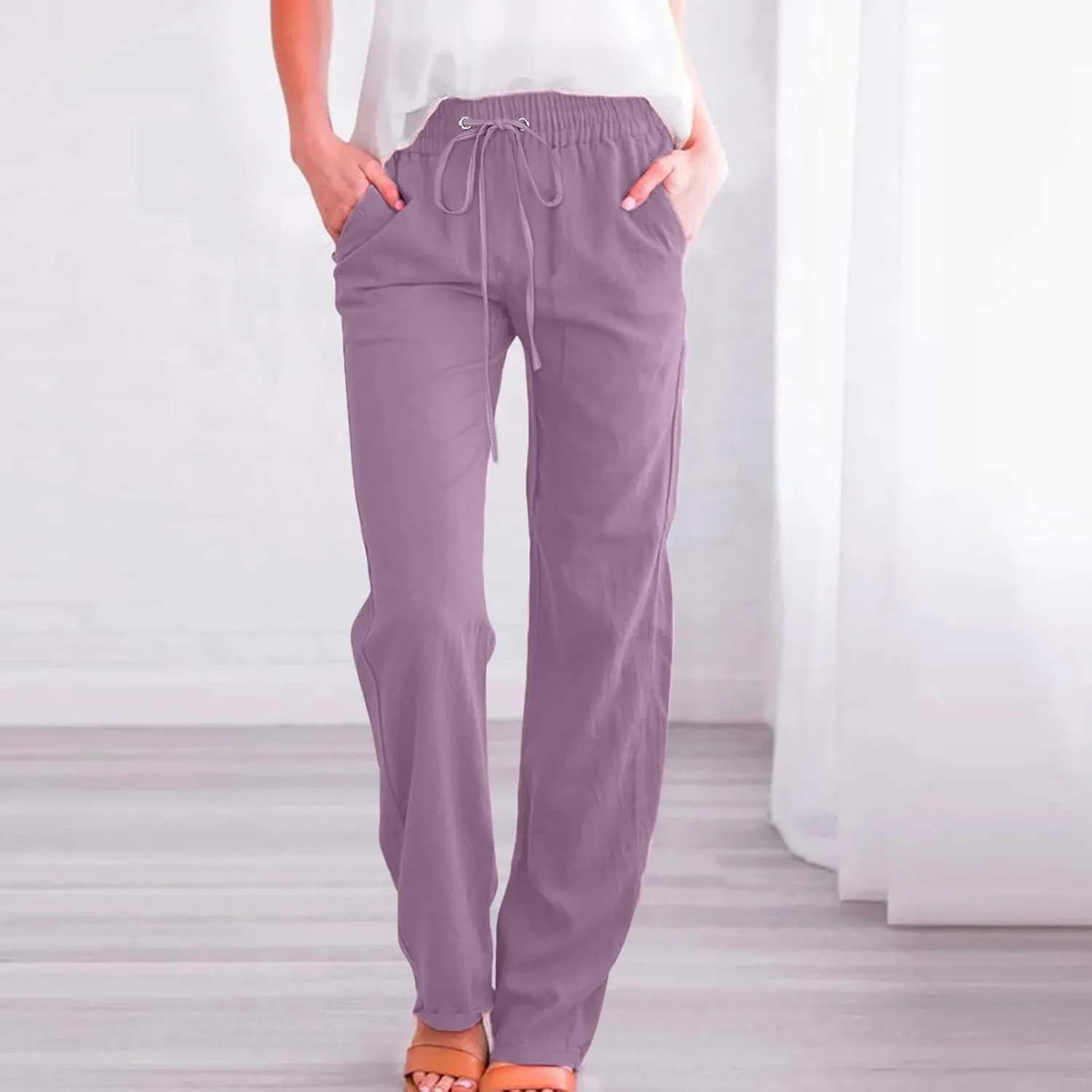 Womens Casual Cotton Linen Pants Lightweight Elastic Waist Pant Summer Fall Lounge Plain Drawstring Trousers, Large