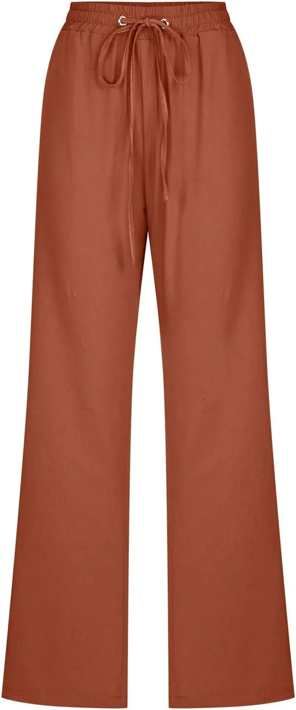 Womens Casual Cotton Linen Pants Lightweight Elastic Waist Pant Summer Fall Lounge Plain Drawstring Trousers, Large