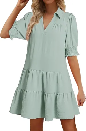 Women's Casual Lapel V-Neck Ruffle Sleeve Pleated Dress Collared Swing Mini Dresses Tiered A Line Dress Trendy