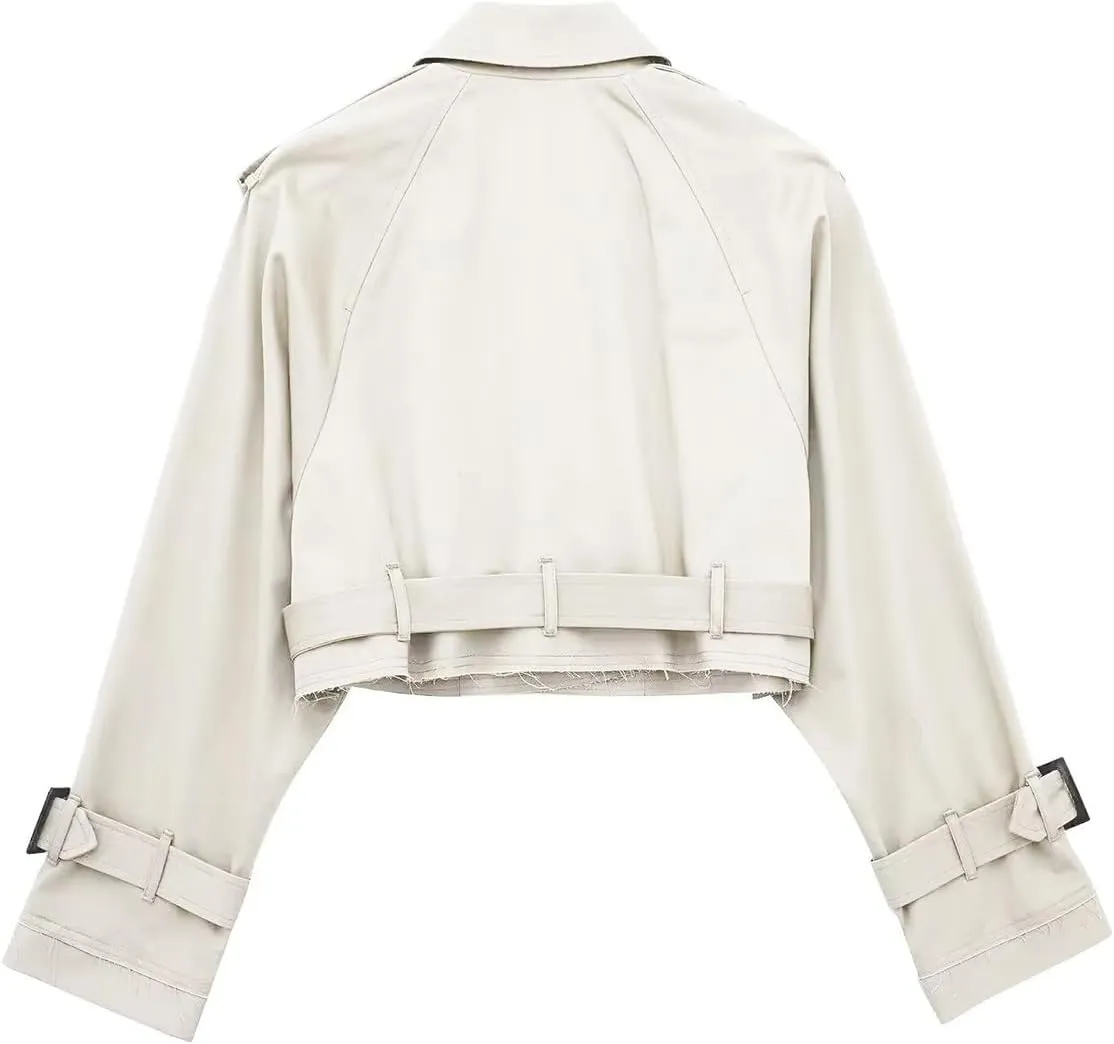 Women's Casual Multicolour Cropped Trench Fashion Coat Lapel Jacket Outwear With Belt