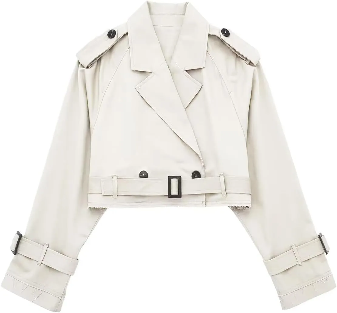 Women's Casual Multicolour Cropped Trench Fashion Coat Lapel Jacket Outwear With Belt