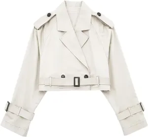 Women's Casual Multicolour Cropped Trench Fashion Coat Lapel Jacket Outwear With Belt