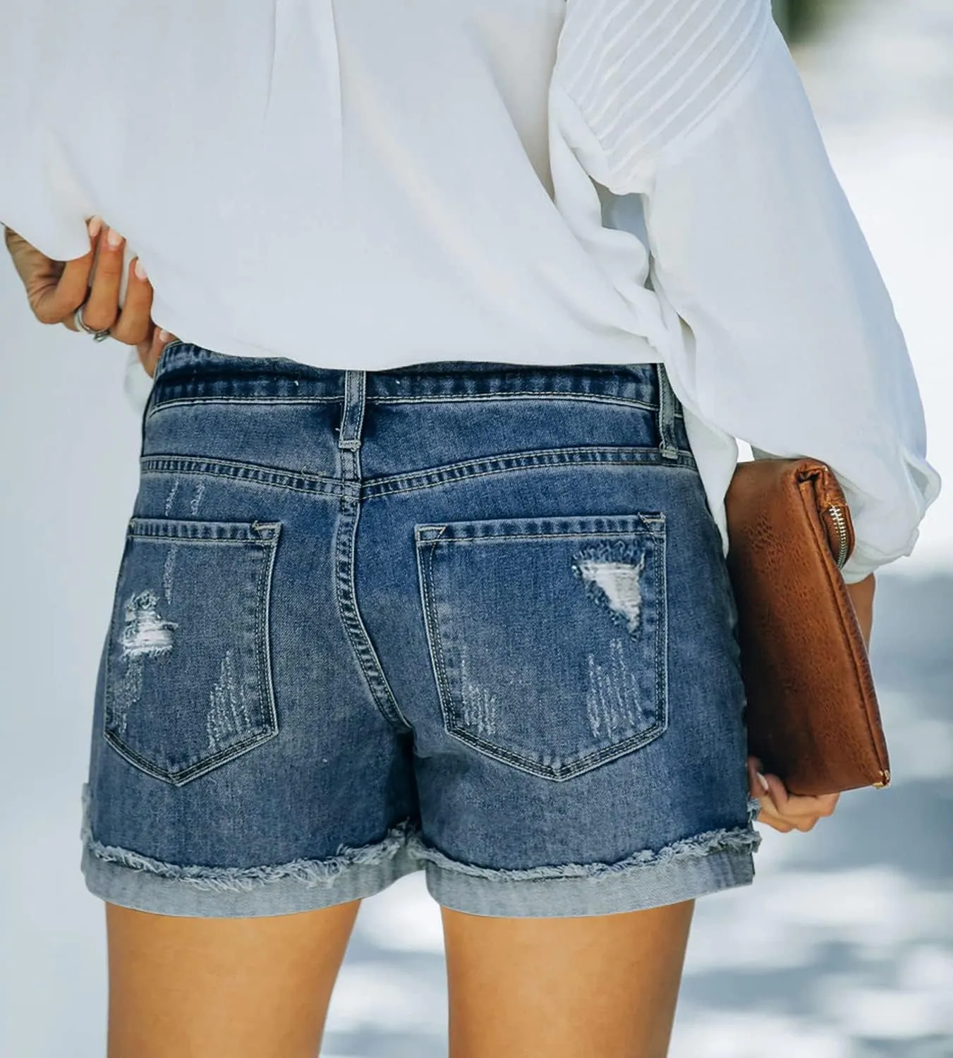 Womens Casual Stretch Denim Jean Shorts with Button Pockets for Summer