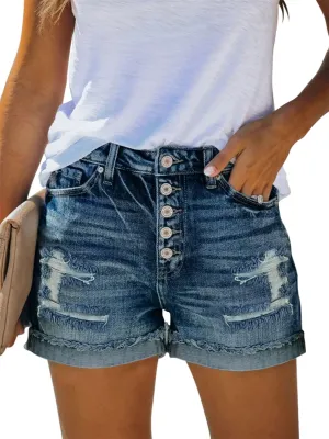 Womens Casual Stretch Denim Jean Shorts with Button Pockets for Summer