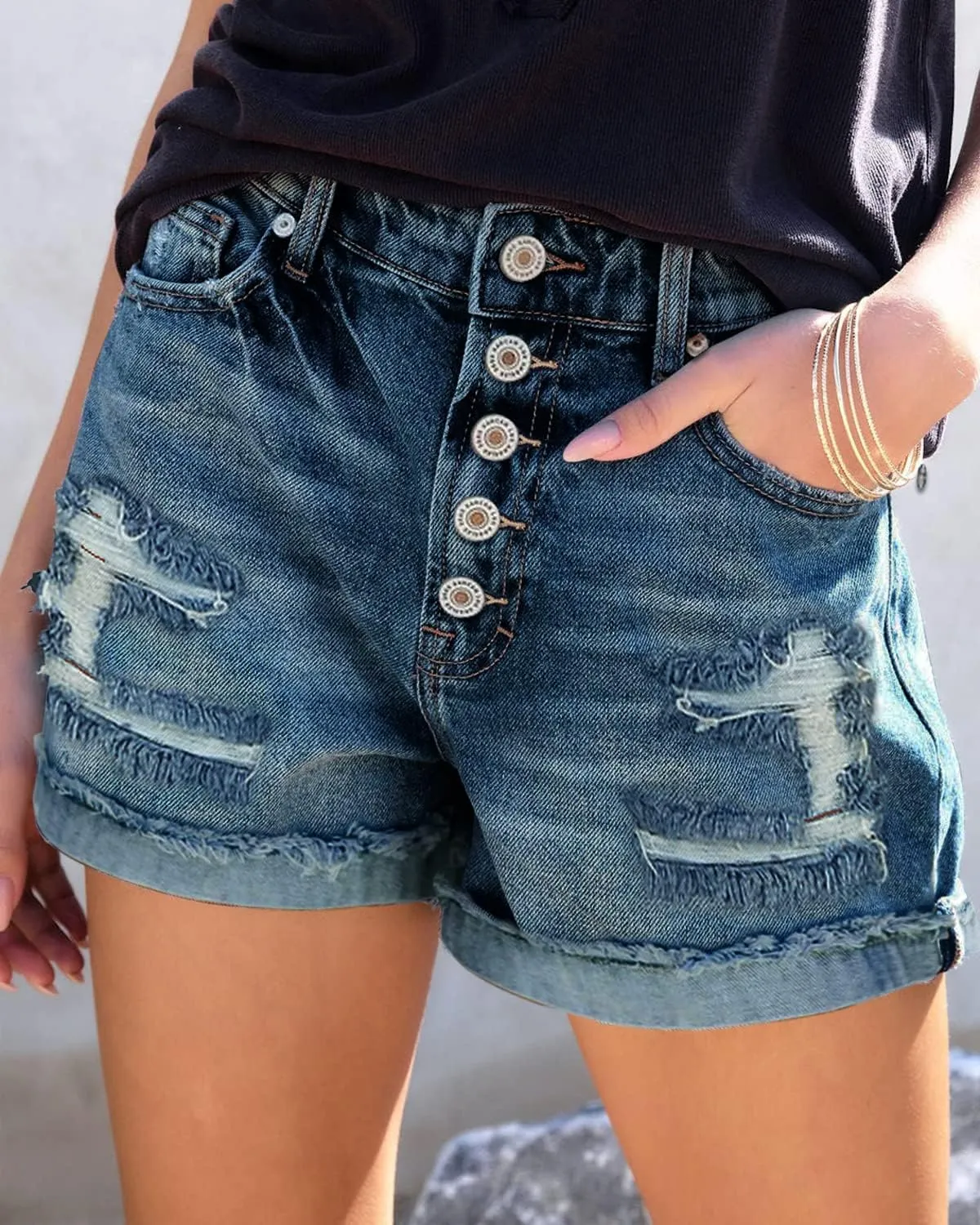 Womens Casual Stretch Denim Jean Shorts with Button Pockets for Summer