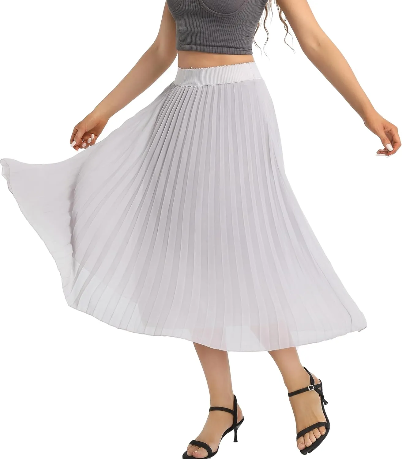 Womens Chiffon High Waist Skirt Pleated A-Line Swing Elastic Shirring Midi Length