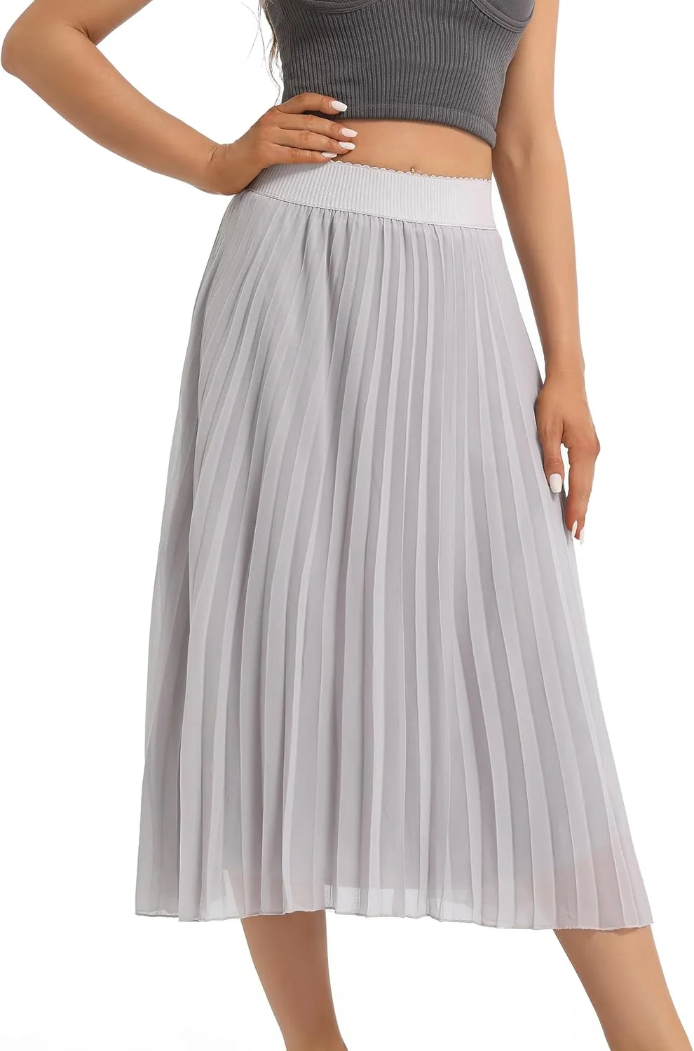 Womens Chiffon High Waist Skirt Pleated A-Line Swing Elastic Shirring Midi Length