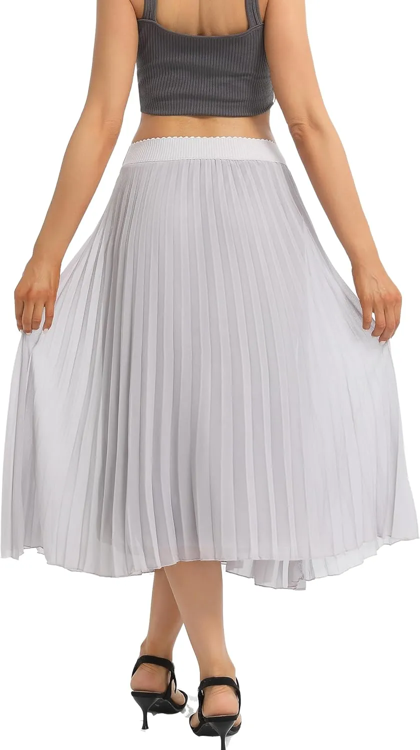 Womens Chiffon High Waist Skirt Pleated A-Line Swing Elastic Shirring Midi Length