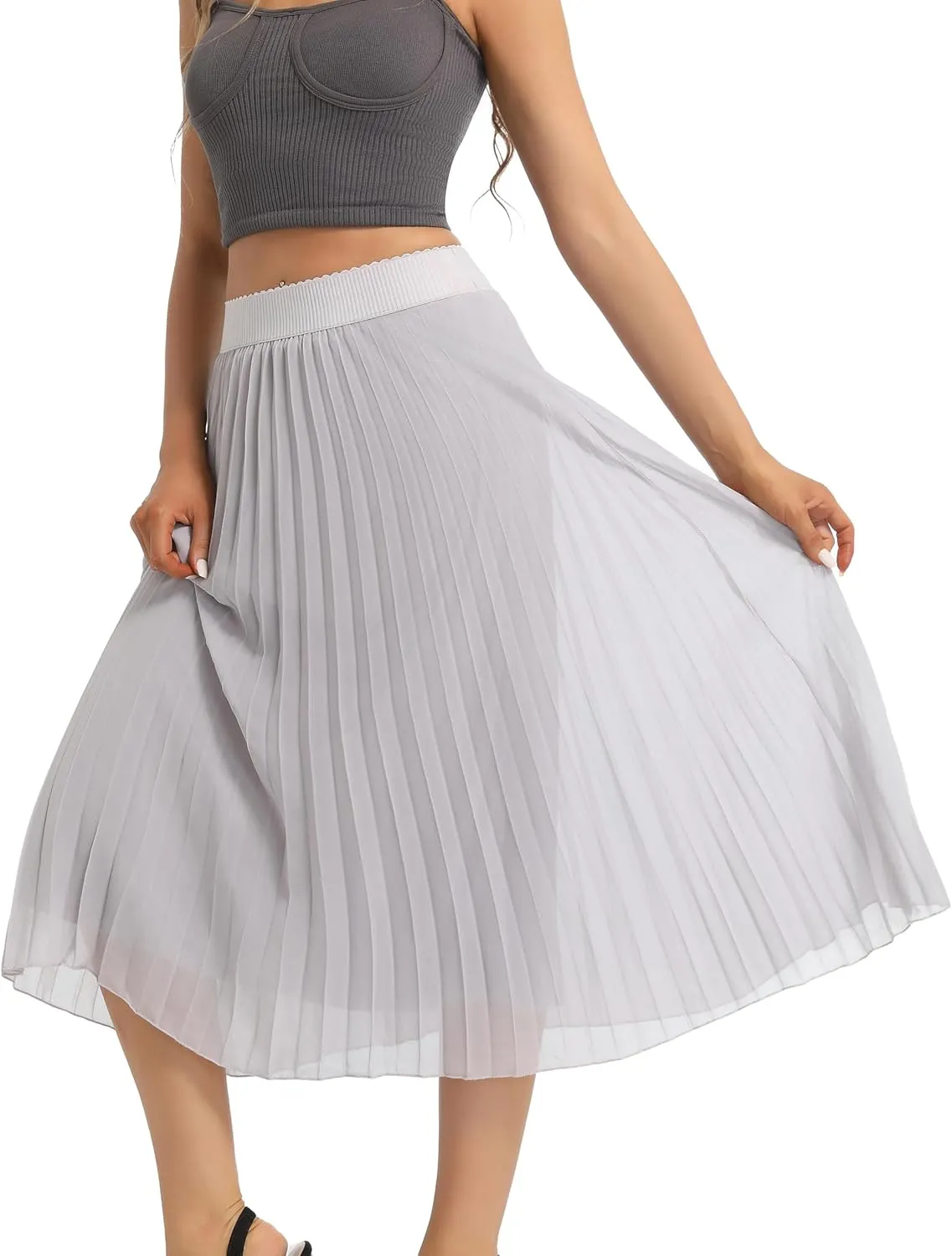 Womens Chiffon High Waist Skirt Pleated A-Line Swing Elastic Shirring Midi Length