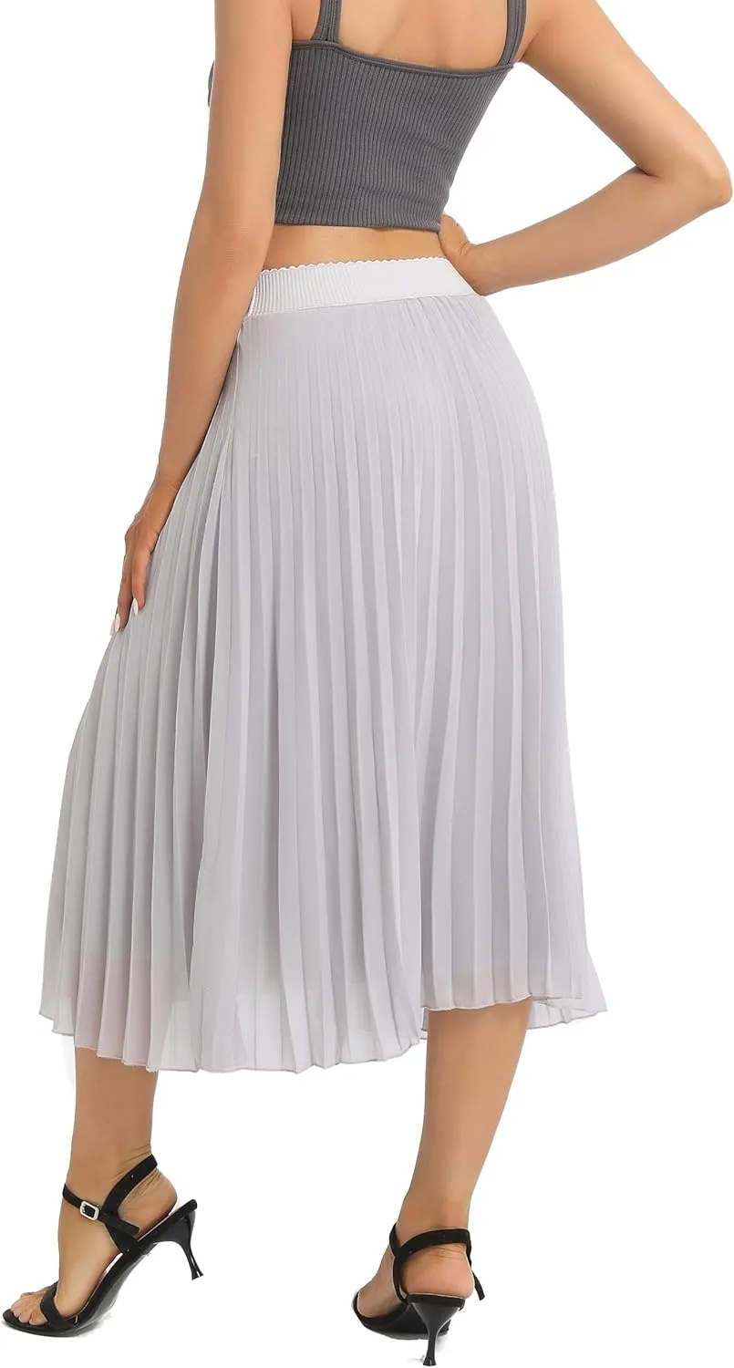 Womens Chiffon High Waist Skirt Pleated A-Line Swing Elastic Shirring Midi Length