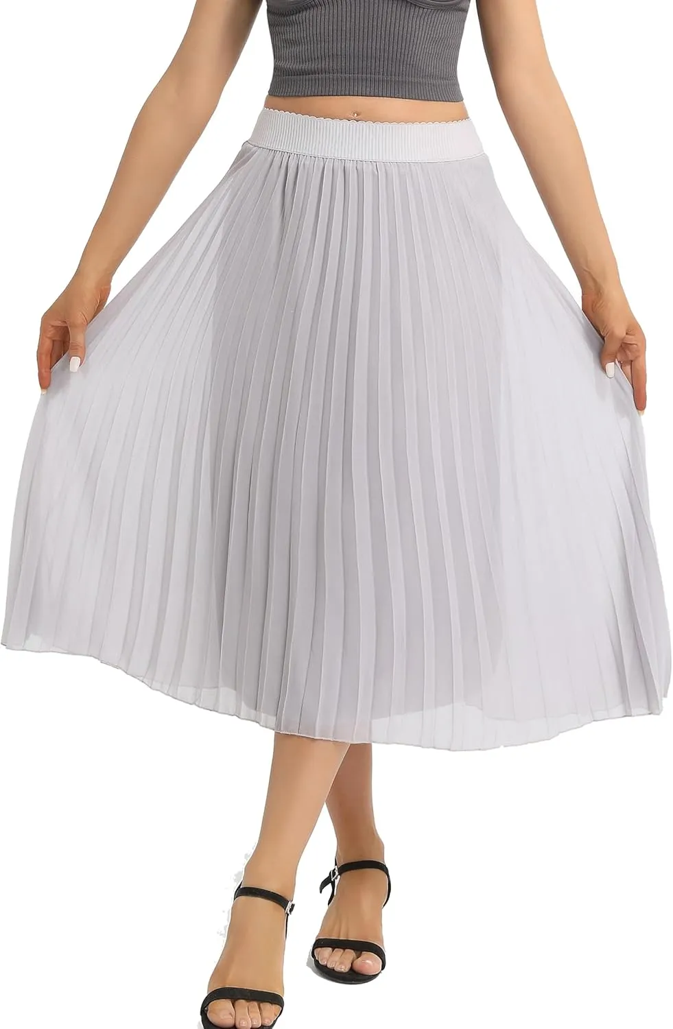 Womens Chiffon High Waist Skirt Pleated A-Line Swing Elastic Shirring Midi Length