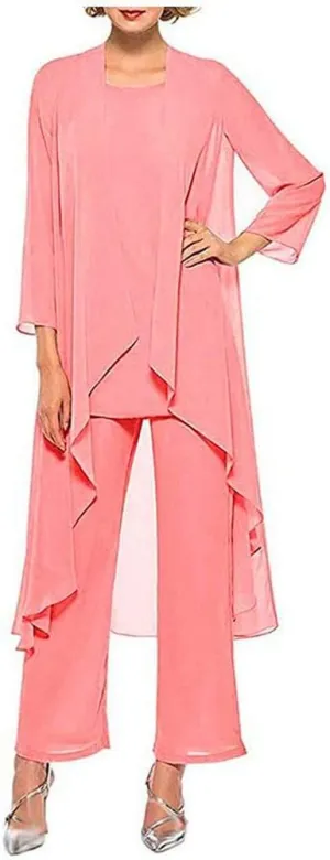 Women's Chiffon Pants Suits 3 Pieces Mother of The Bride Wedding Party Outfit Evening Dress