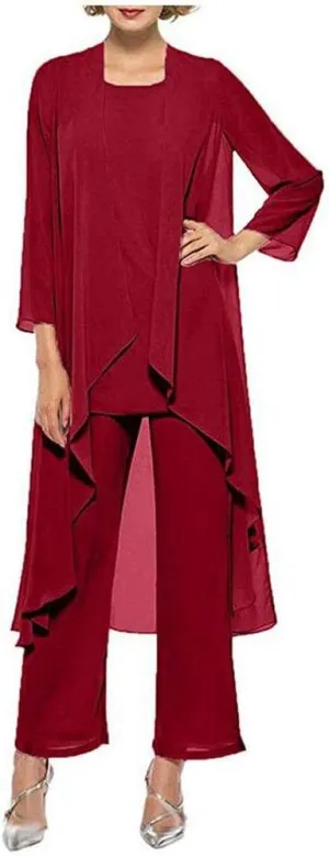 Women's Chiffon Pants Suits 3 Pieces Mother of The Bride Wedding Party Outfit Evening Dress