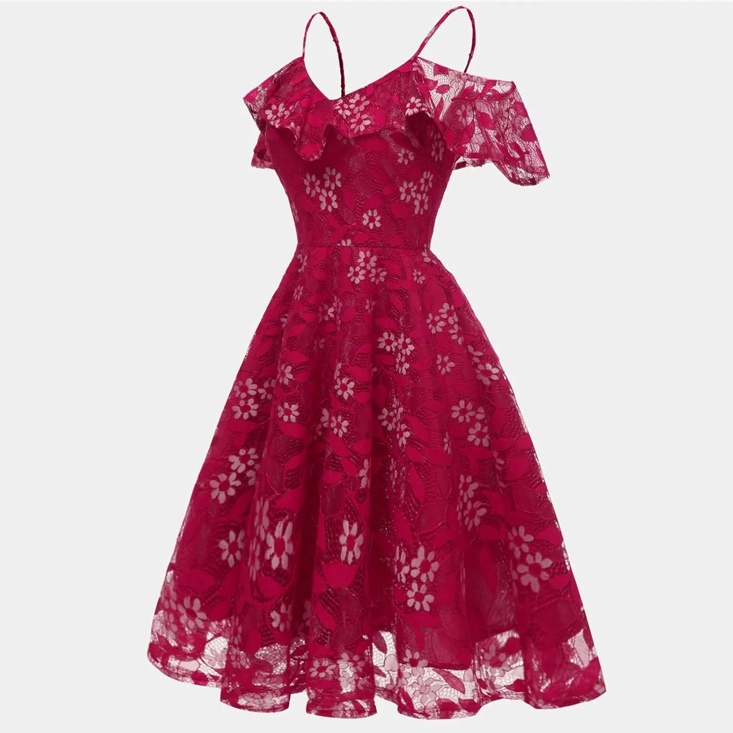 Women's Cold Shoulder Dresses Floral Lace Pleated Dress Ruffle Sleeve Knee Length Dresses Evening Party Cocktail Prom Gown