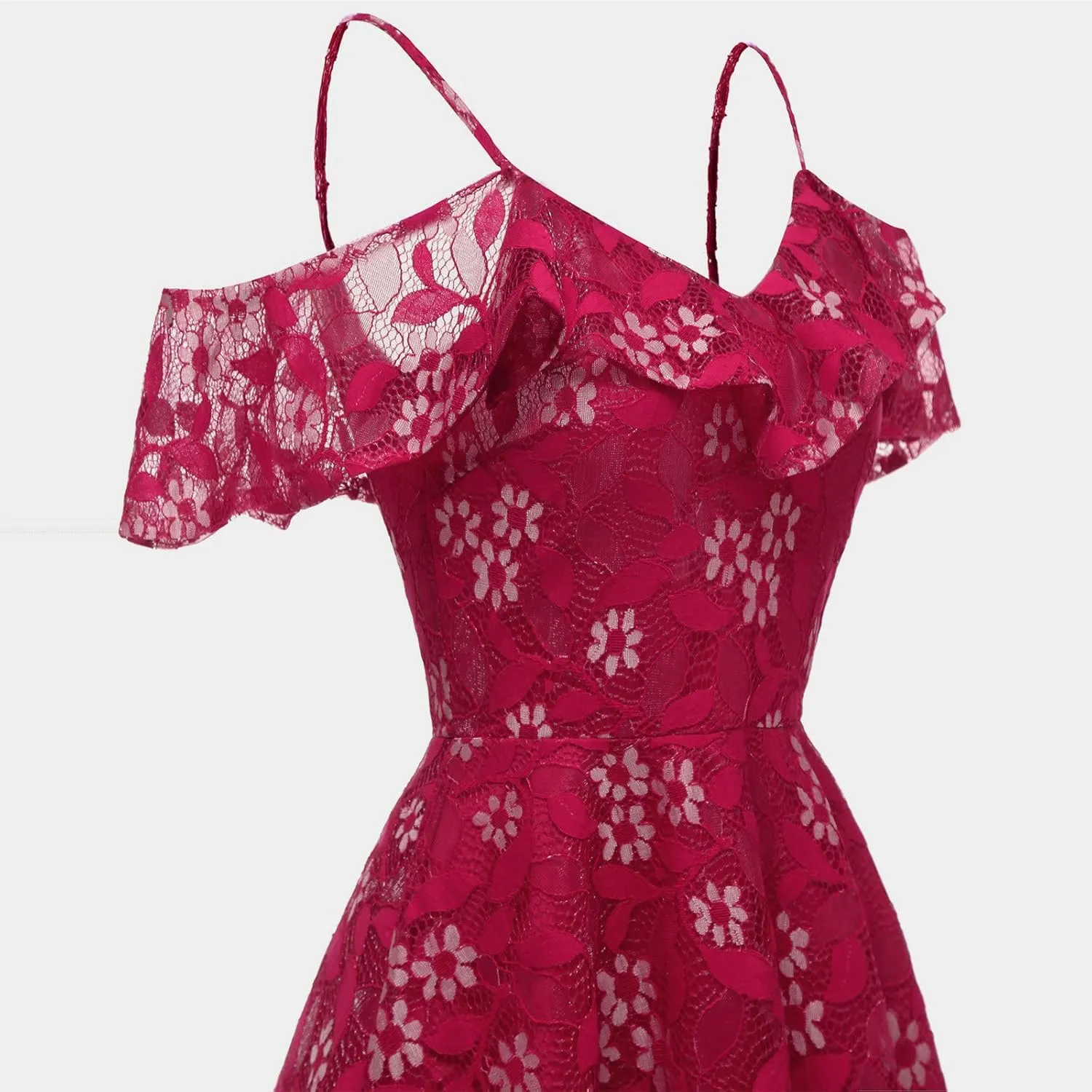Women's Cold Shoulder Dresses Floral Lace Pleated Dress Ruffle Sleeve Knee Length Dresses Evening Party Cocktail Prom Gown