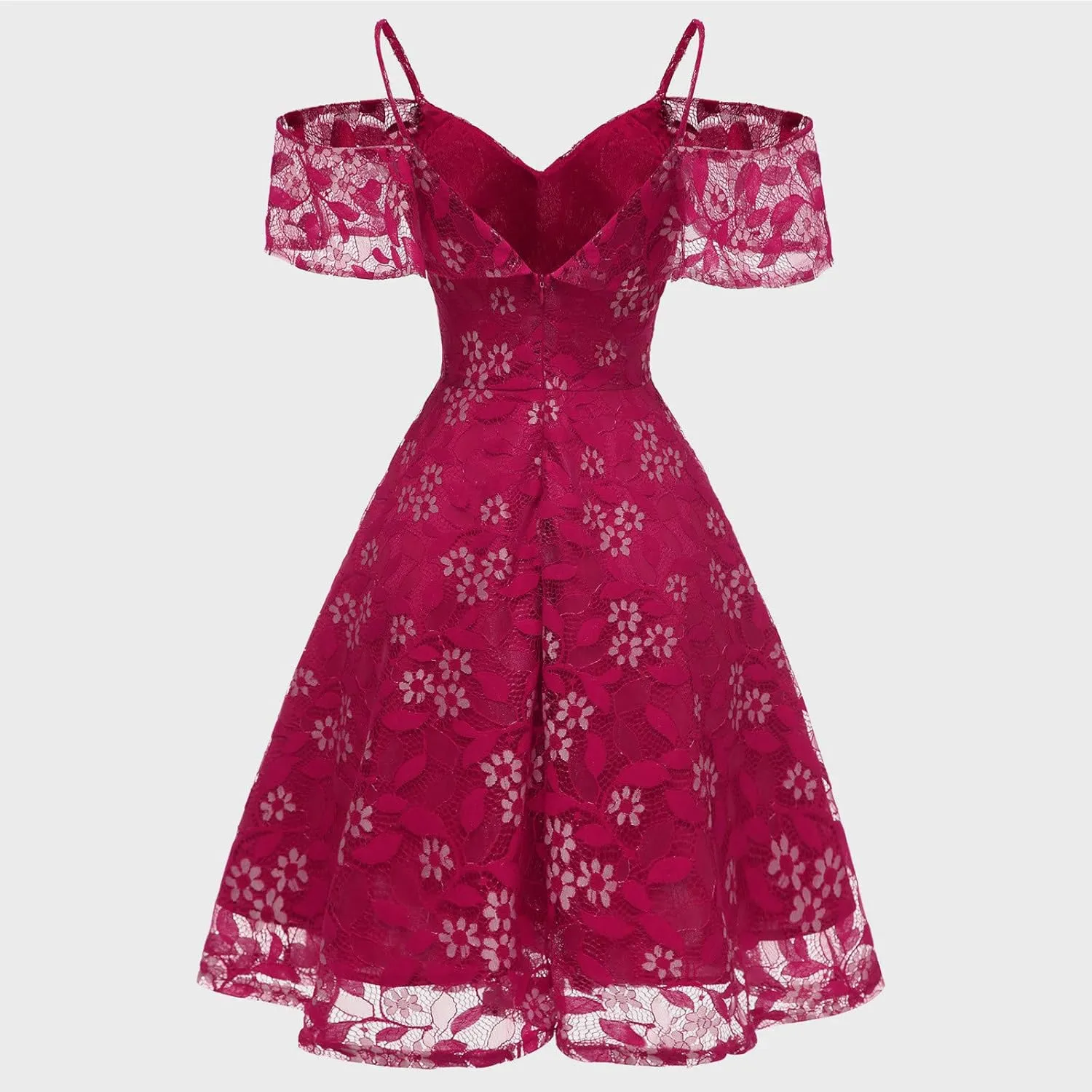 Women's Cold Shoulder Dresses Floral Lace Pleated Dress Ruffle Sleeve Knee Length Dresses Evening Party Cocktail Prom Gown
