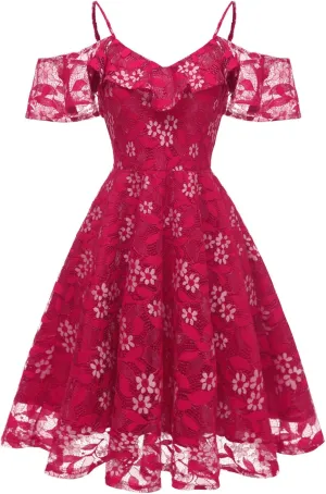 Women's Cold Shoulder Dresses Floral Lace Pleated Dress Ruffle Sleeve Knee Length Dresses Evening Party Cocktail Prom Gown