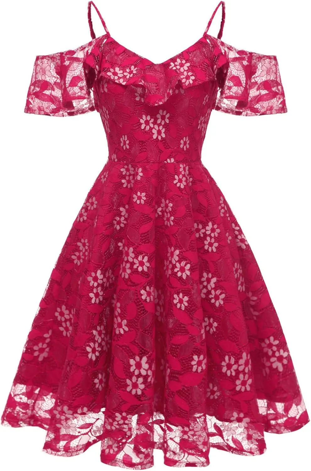 Women's Cold Shoulder Dresses Floral Lace Pleated Dress Ruffle Sleeve Knee Length Dresses Evening Party Cocktail Prom Gown